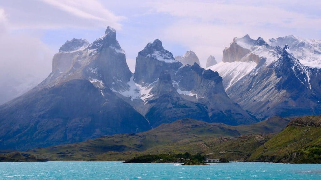 Cuernos del Paine Massif With Clouds On Lake Pehoe Patagonia