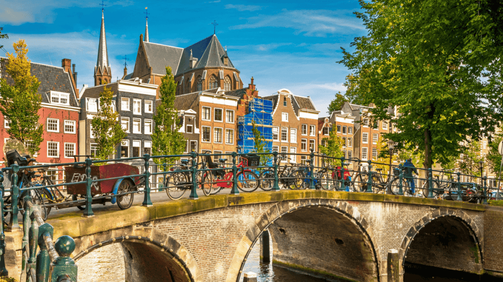 Amsterdam Canals Houses Bridge over Water Stock Netherlands