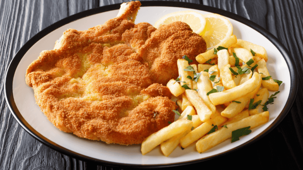 Fried veal cutlet Milanese with lemon and French fries Stock