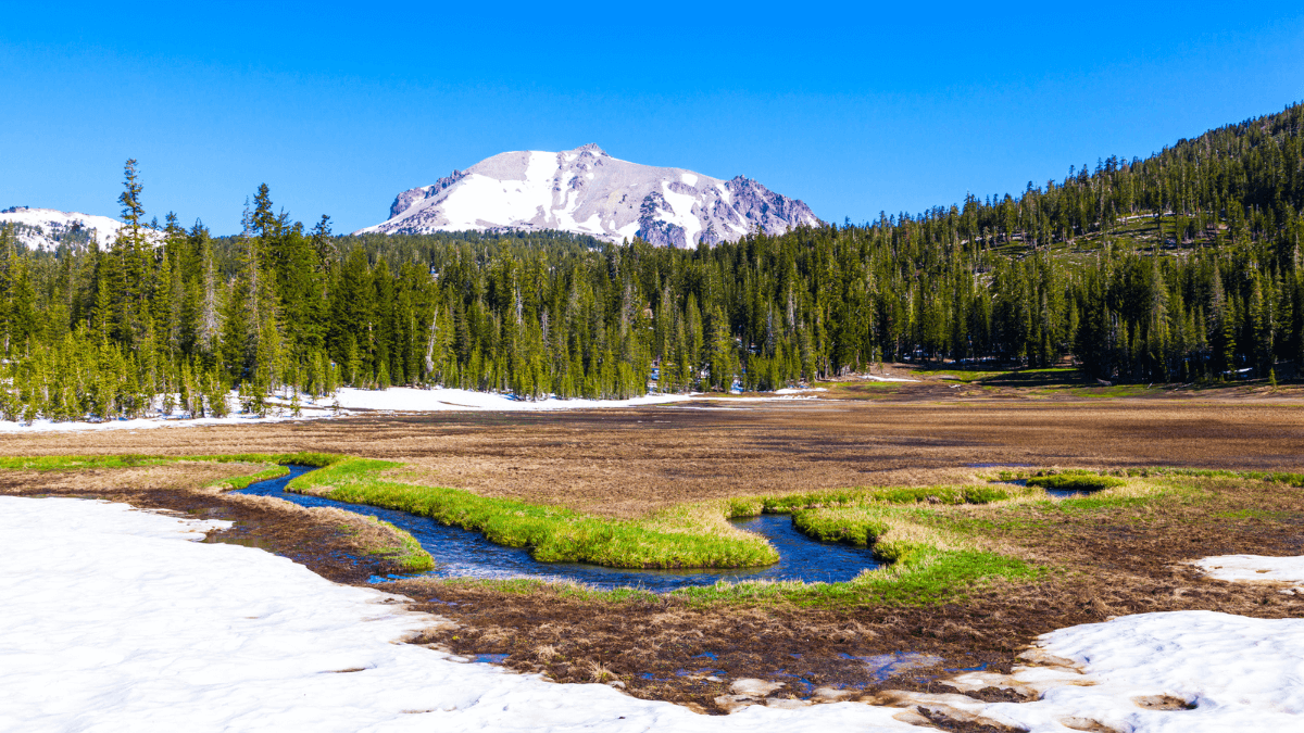 Snow on Mount Lassen in Lassen Volcanic National Park in California Stock