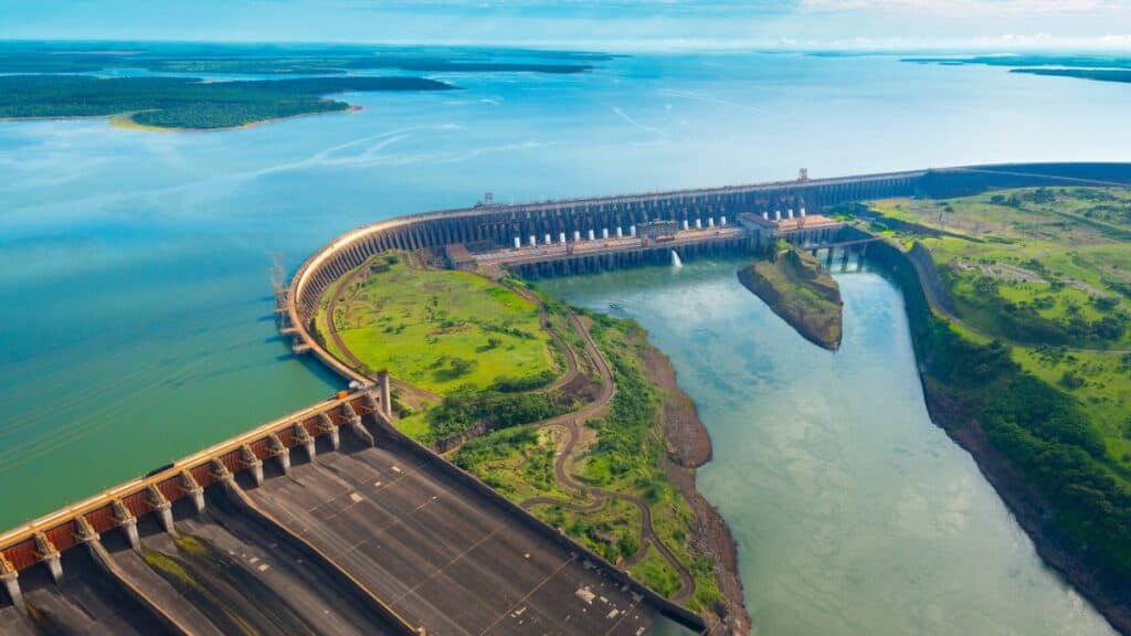 Aerial view of the Itaipu Hydroelectric Dam on the Parana River Stock