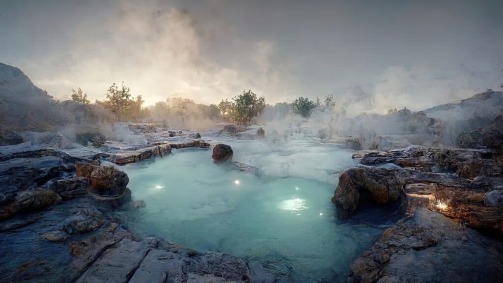 Landscape scene of a hot springs with steam rising Stock