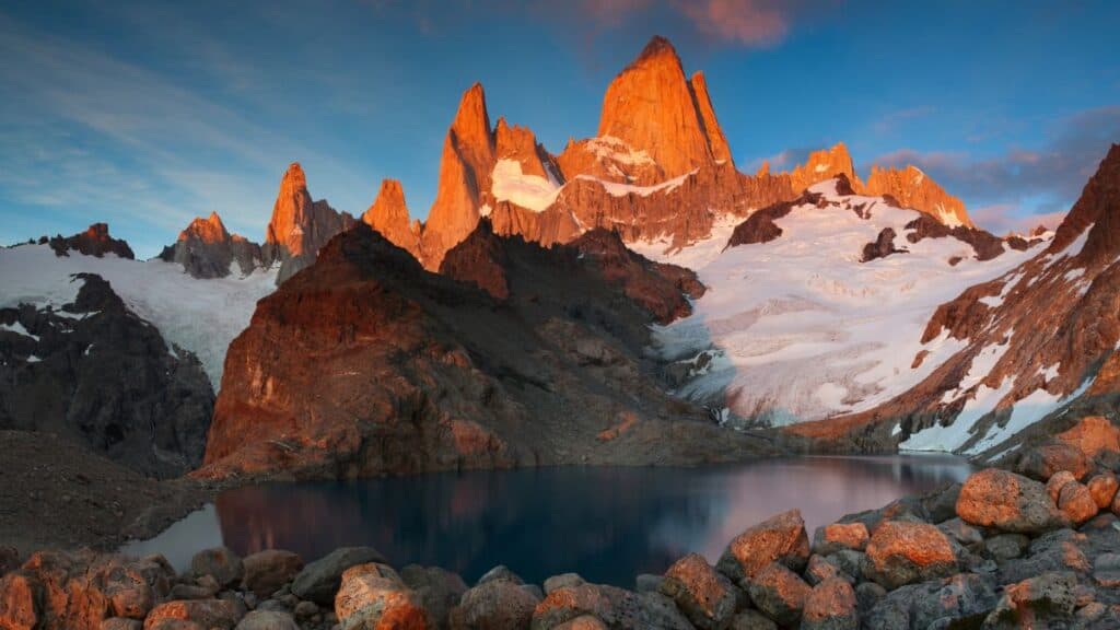 Mount Fitz Roy in the red light of sunrise Stock