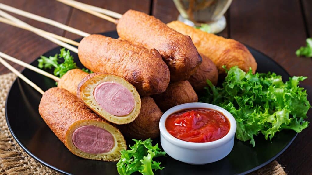 Traditional American corn dogs with mustard and ketchup Stock
