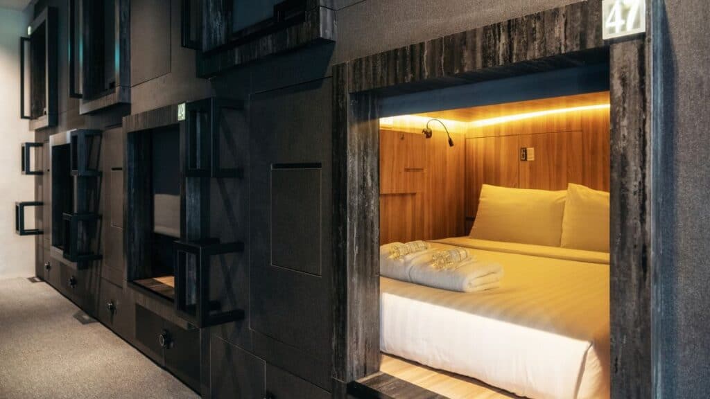 Interior view of capsule hotel in downtown Stock