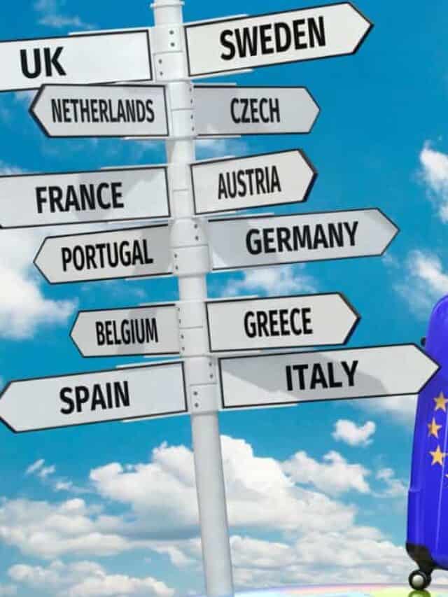 Travel concept. Suitcases and signpost what to visit in Europe Stock