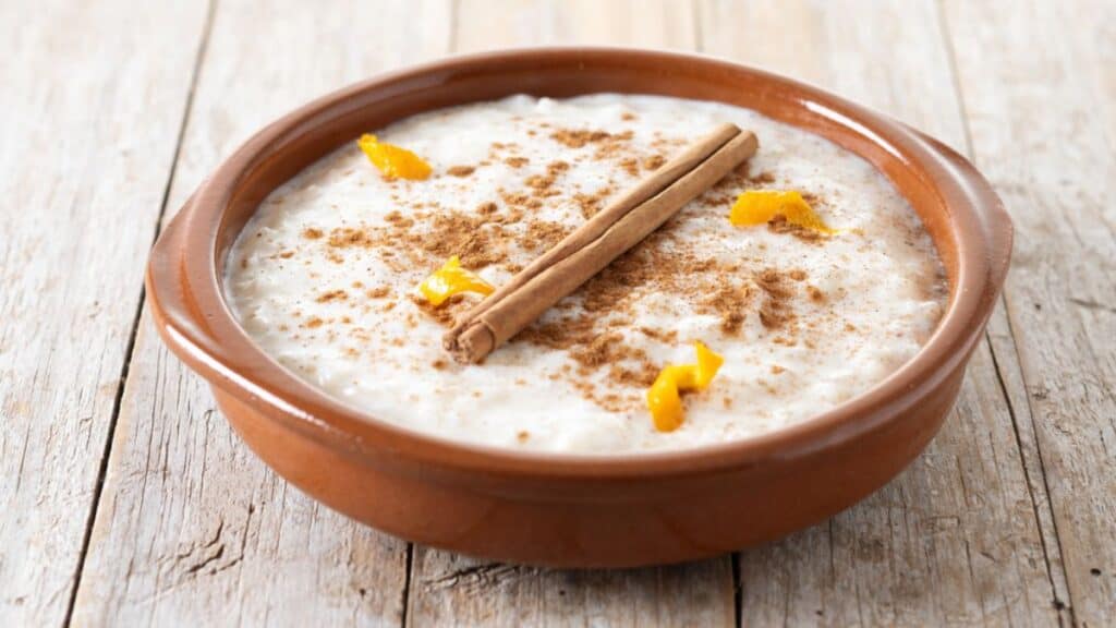 Arroz con leche. Rice pudding with cinnamon Stock