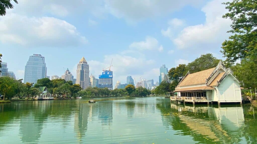 Lumphini Park Water Skyscrapers Bangkok Thailand