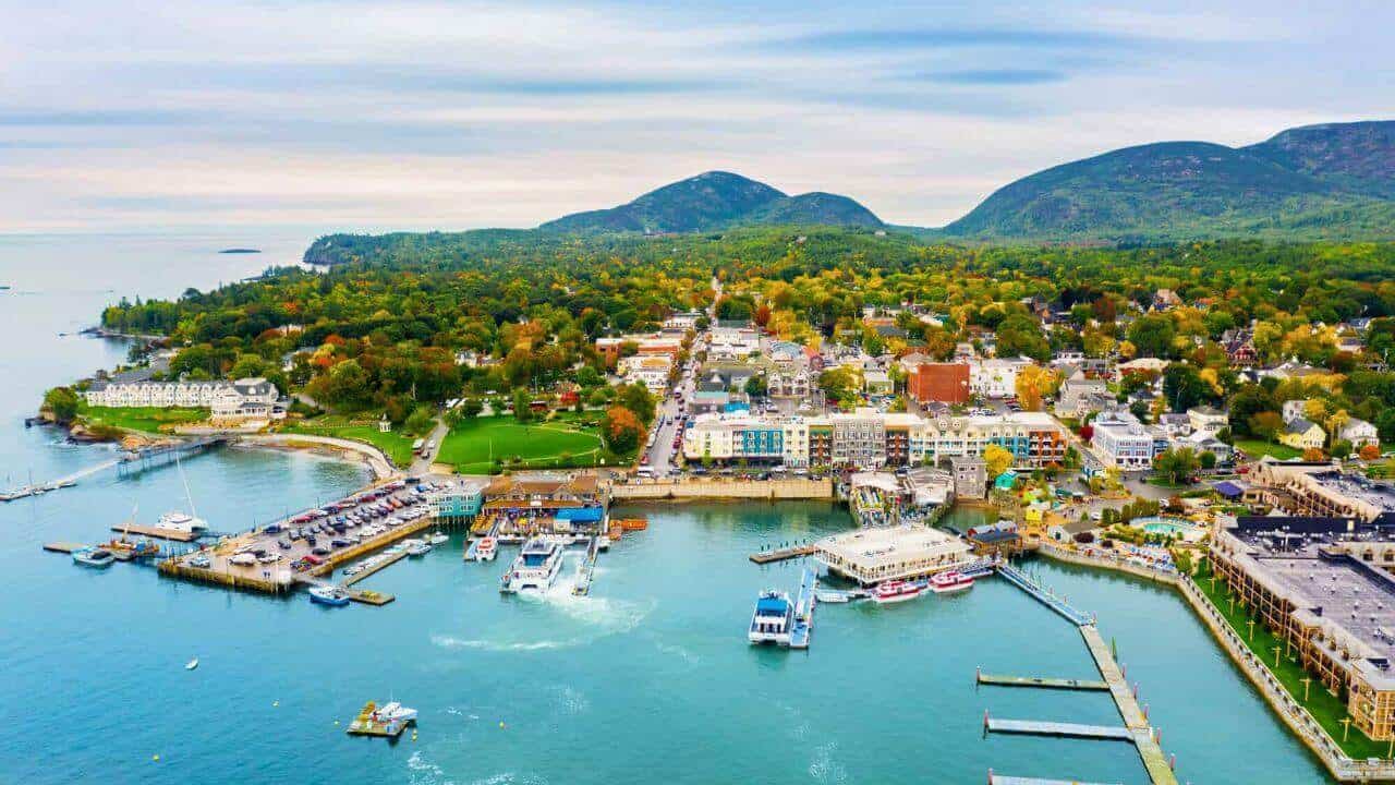 Aerial view of Bar Harbor, Maine stock