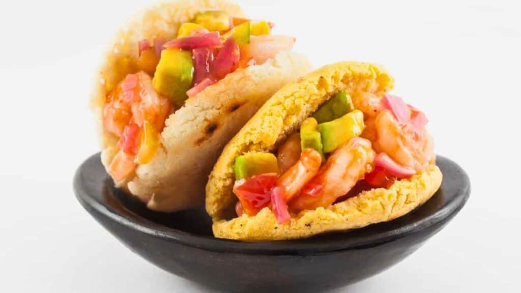 Arepas with shrimp ceviche Stock