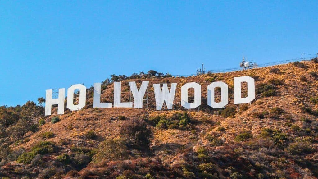 HOLLYWOOD sign on blue sky background. World famous landmark. USA. Los Angeles, California Stock