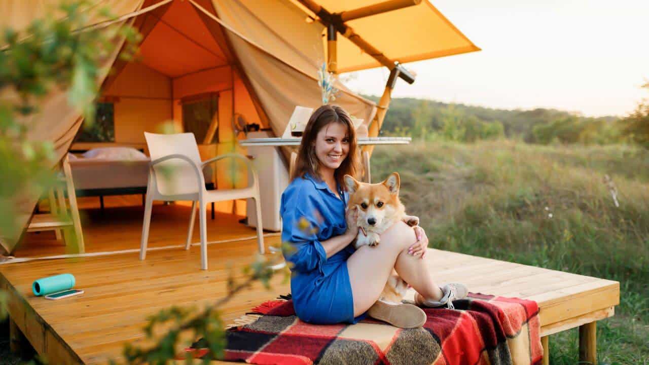 Happy young woman with Welsh Corgi Pembroke Dog Stock