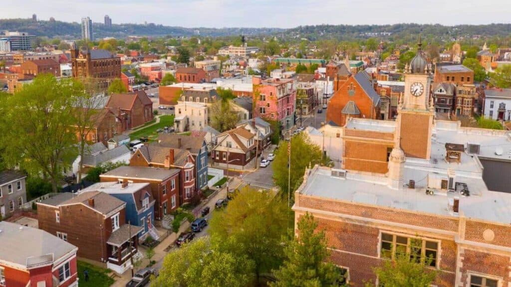 Overcast Skies Early Morning Clocktower in Newport Kentucky Stock