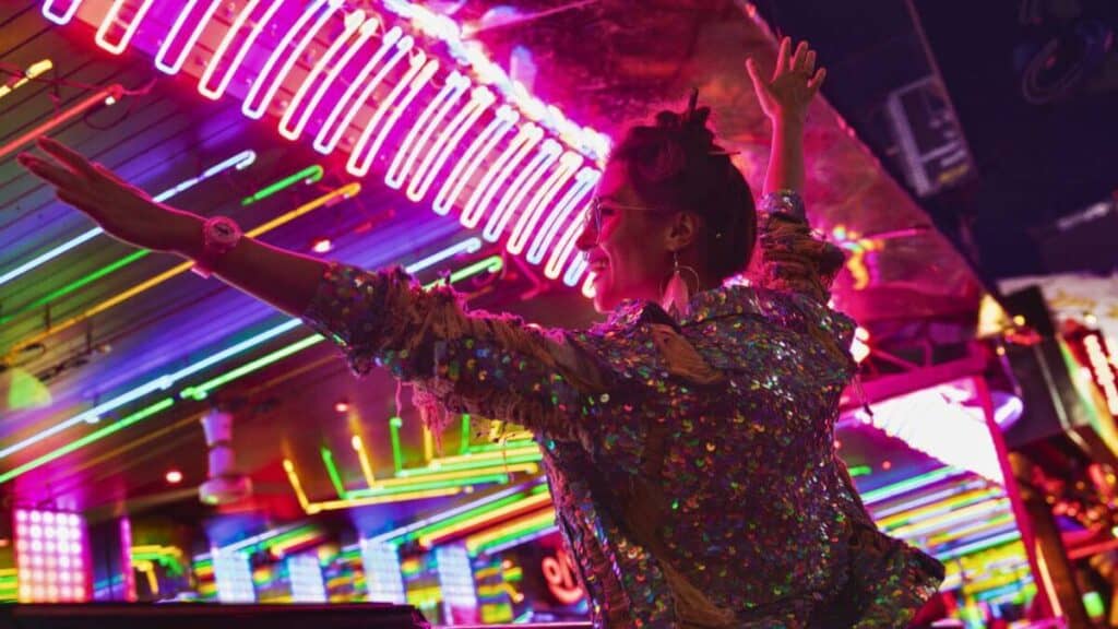Young stylish woman wearing jacket Partying Stock