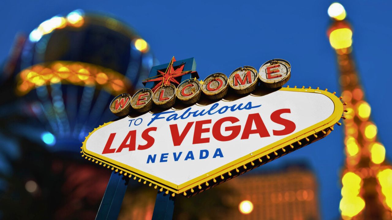 Las Vegas Sign with Vegas Strip in background Stock