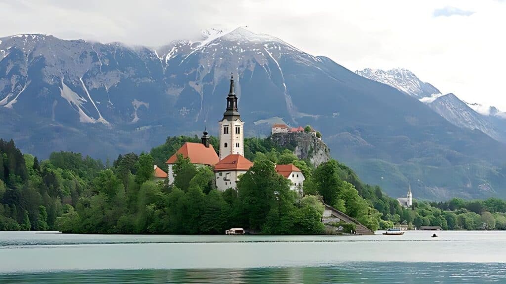 Bled Slovenia lakeside town view.
