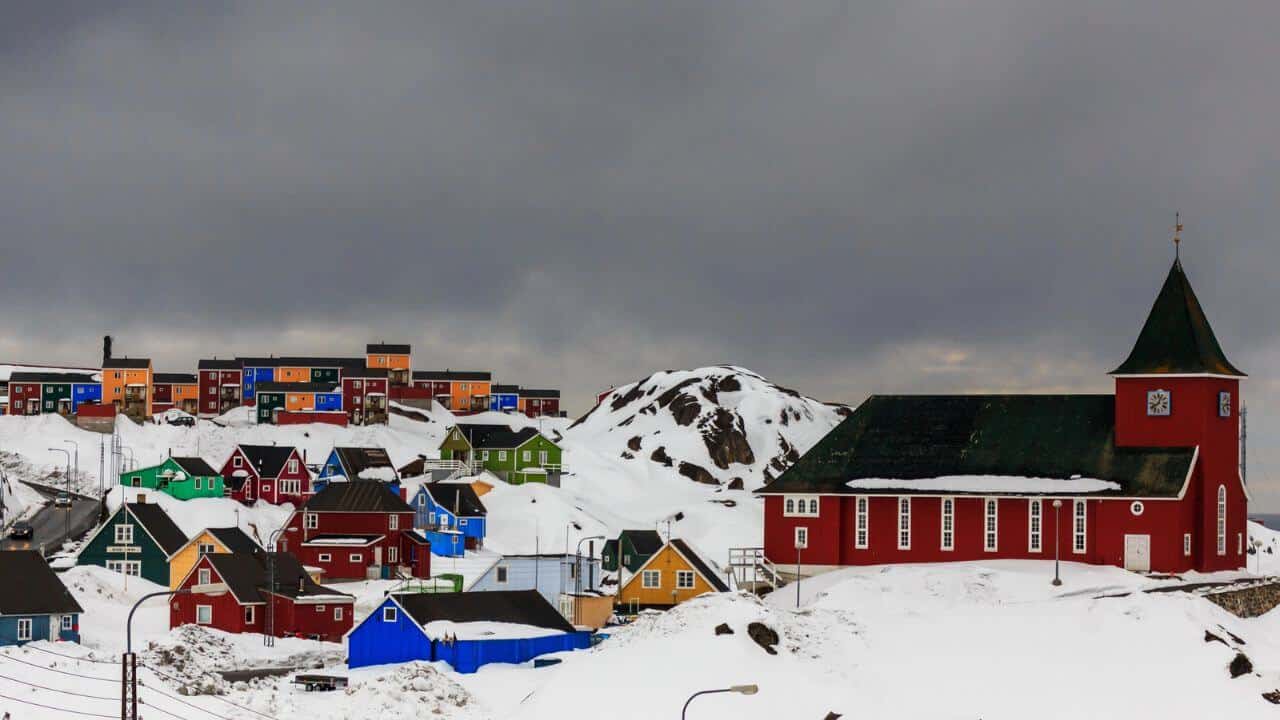 Church Colorful Houses Sisimiut Greenland Snowy Mountain