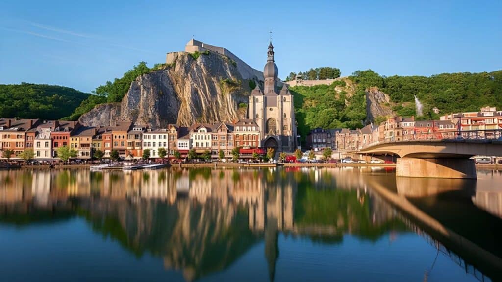 Dinant Belgium lakeside town view. 
