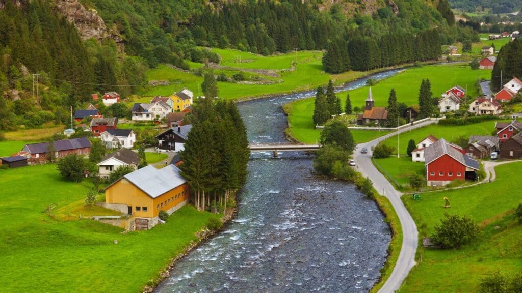Flam Norway Lakeside town view.