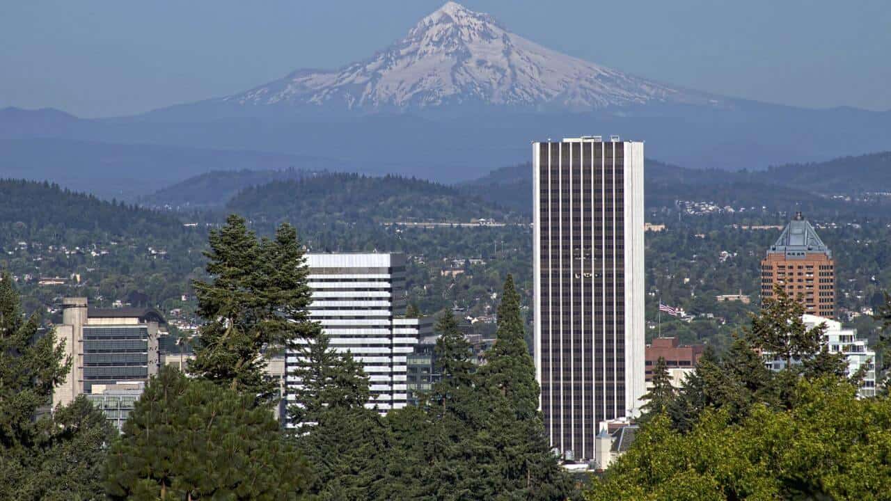 Portland Oregon Skyline And Mount Hood