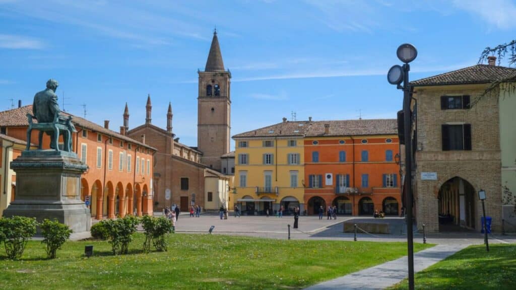View of the statue of Giuseppe Verdi in Ravenna, Italy.