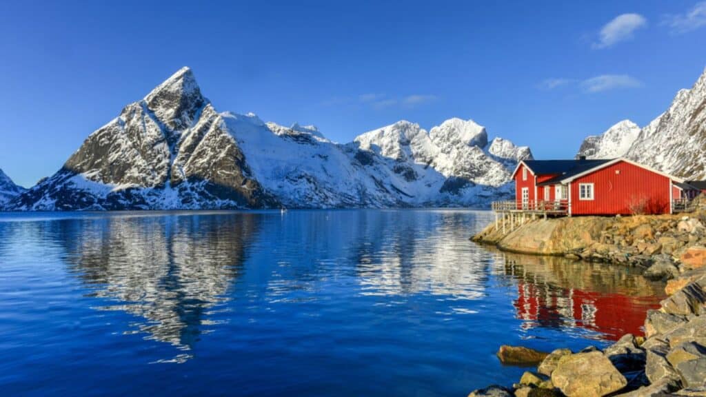 Reine Lofoten Islands Norway lakeside view. 